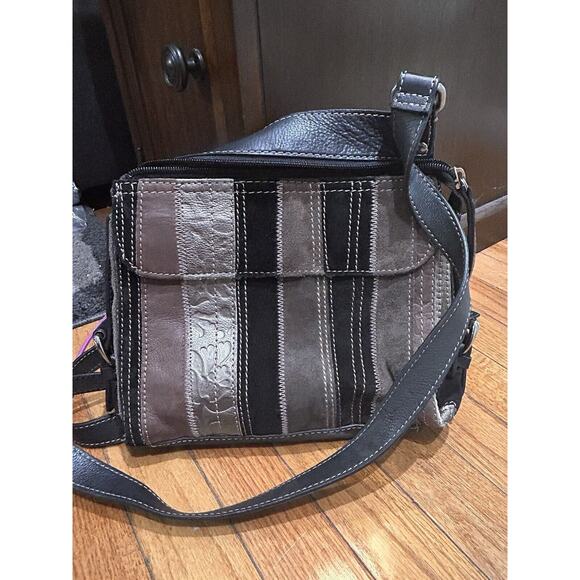 FOSSIL Brown Multi Leather Patchwork Stripe Shoulder Purse Bag - Picture 1 of 15